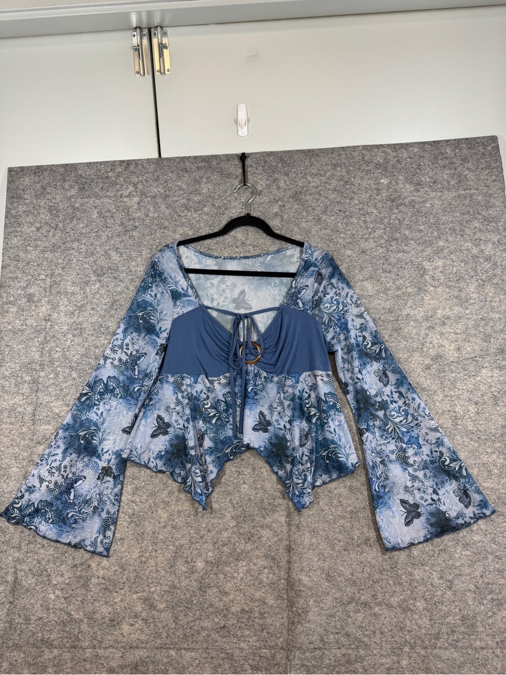 Butterfly Print Top Blue 0XL Fairycore Y2K Whimsical Boho Bell Sleeve Festival